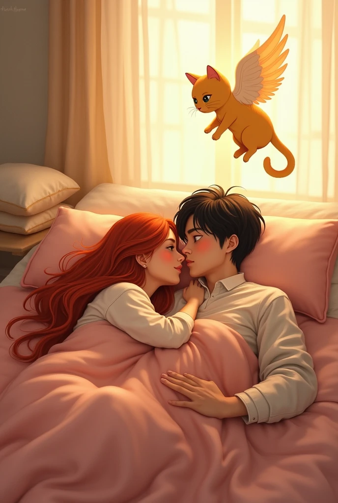 Realistic image of a couple, a man and a woman, lying in bed in a cozy room. The woman has long, red hair and the man has straight, black hair and big eyes.. They are being visited by a yellow cat with angel wings that has passed on and returned to pet the couple.