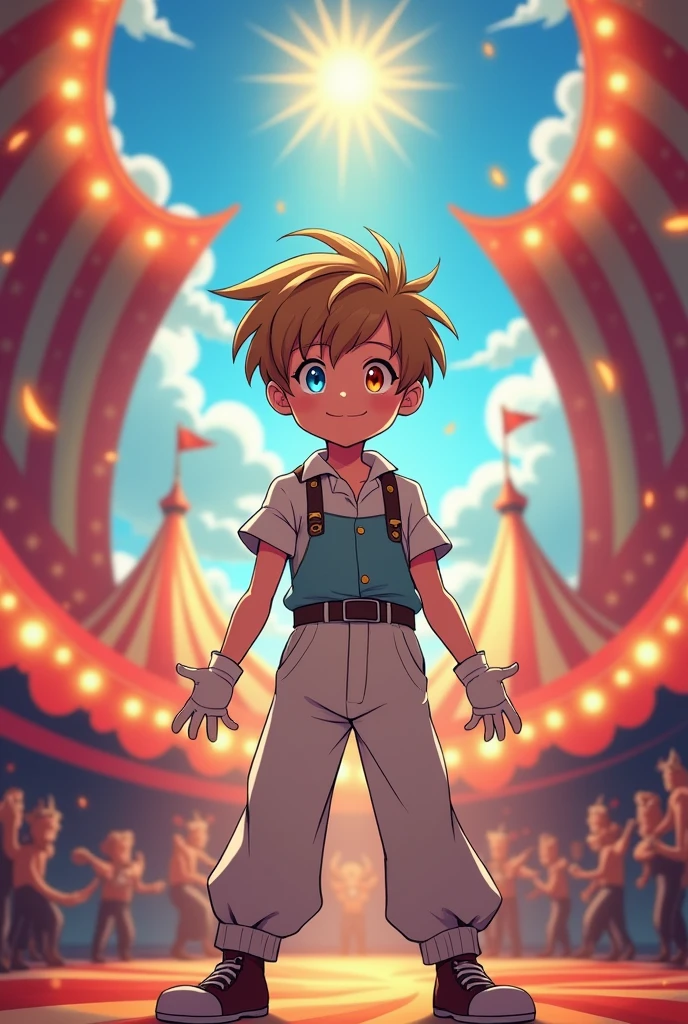 boy of average height, short and light brown hair, eyes of different colors, one blue and the other orange-red, He's not wearing a shirt, and he's wearing white pants, he's also wearing white gloves, he's in a circus show. anime style.