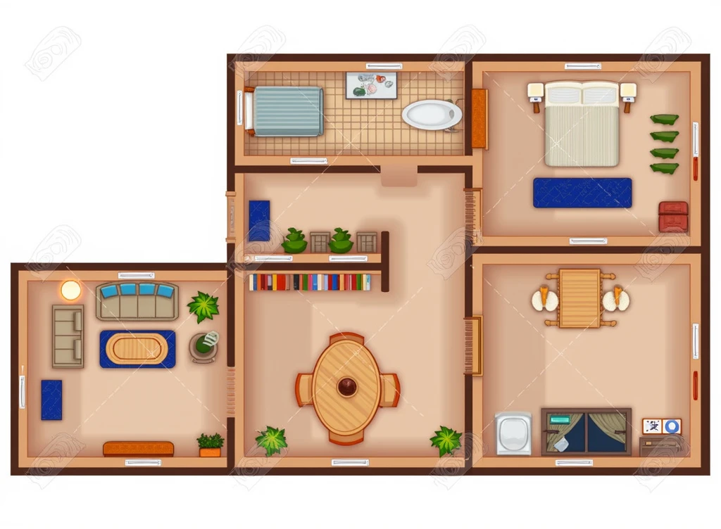 a house with three floors on the first floor a kitchen, a dining room and a living room, On the second floor there are 3 bedrooms each with its own bathroom and a living room with a bathroom and finally on the top floor a balcony with a study area with books and a lamp.