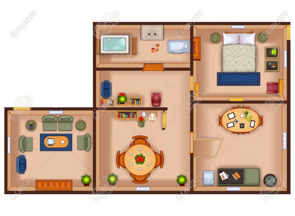 a house with three floors on the first floor a kitchen, a dining room and a living room, On the second floor there are 3 bedrooms each with its own bathroom and a living room with a bathroom and finally on the top floor a balcony with a study area with books and a lamp.