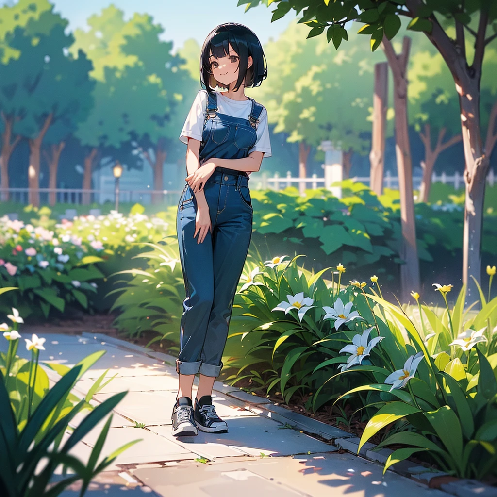 (high quality, High resolution, Very detailed, reality:1.37), Peaceful atmosphere, (Outdoor, garden), Teenage girl standing alone, (my breasts are big.), Beautiful details, Cute Smile, (Black bob hair), Short sleeve shirt, Overalls, Blue socks, sneakers.