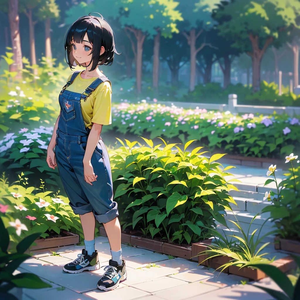 (high quality, High resolution, Very detailed, reality:1.37), Peaceful atmosphere, (Outdoor, garden), Teenage girl standing alone, (my breasts are big.), Beautiful details, Cute Smile, (Black bob hair), Short sleeve shirt, Overalls, Blue socks, sneakers.