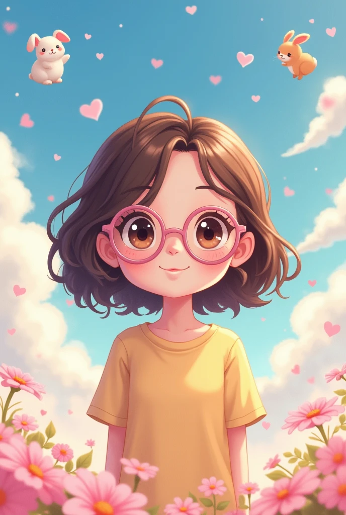 An cutecore brunette, with curly hair and glasses anime teenager