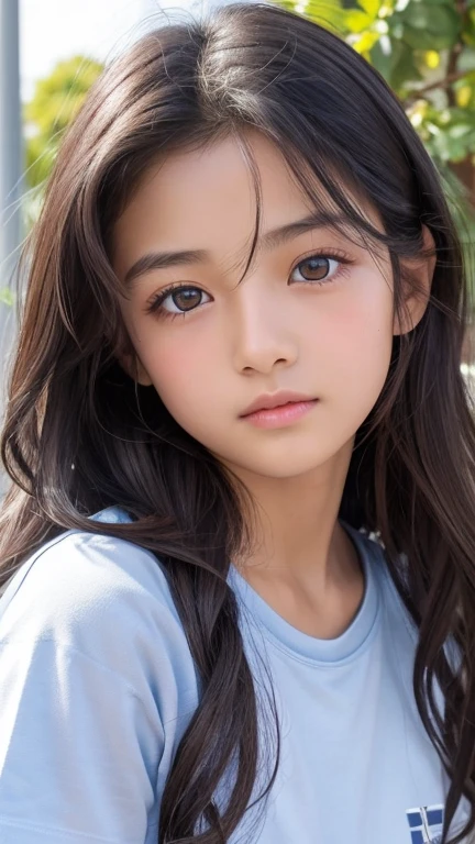 Highest quality、Realistic、、zoom、Primary school students、Girl、look up、cute、Light grey eyes、Black Hair、Long wavy hair、boyish、Tanned brown skin、Dark Skin、Light Blue T-Shirt、Eyes that see far、Face close-up、thin
