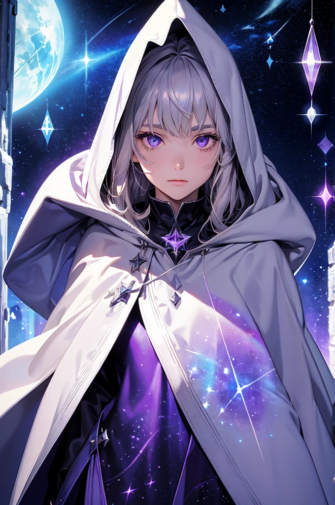 hooded silver cloak, female character, light blonde hair, purple eyes, fantastic galactic world, gas aura, galactic atmosphere, radiance and shine of stars, luminescence, fairy-tale atmosphere, surrealism, abstraction, masterpiece, best quality. behind purple-blue galaxy portals. spell casting. blue-purple magic. stars. glowing eyes.