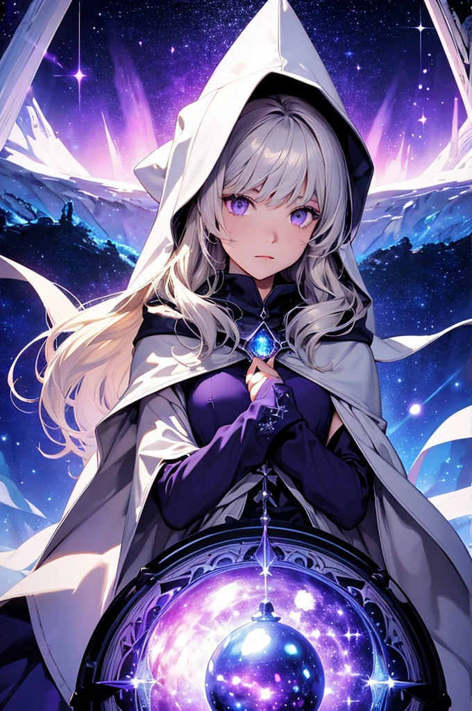 hooded silver cloak, female character, light blonde hair, purple eyes, fantastic galactic world, gas aura, galactic atmosphere, radiance and shine of stars, luminescence, fairy-tale atmosphere, surrealism, abstraction, masterpiece, best quality. behind purple-blue galaxy portals. spell casting. blue-purple magic. stars. glowing eyes.
