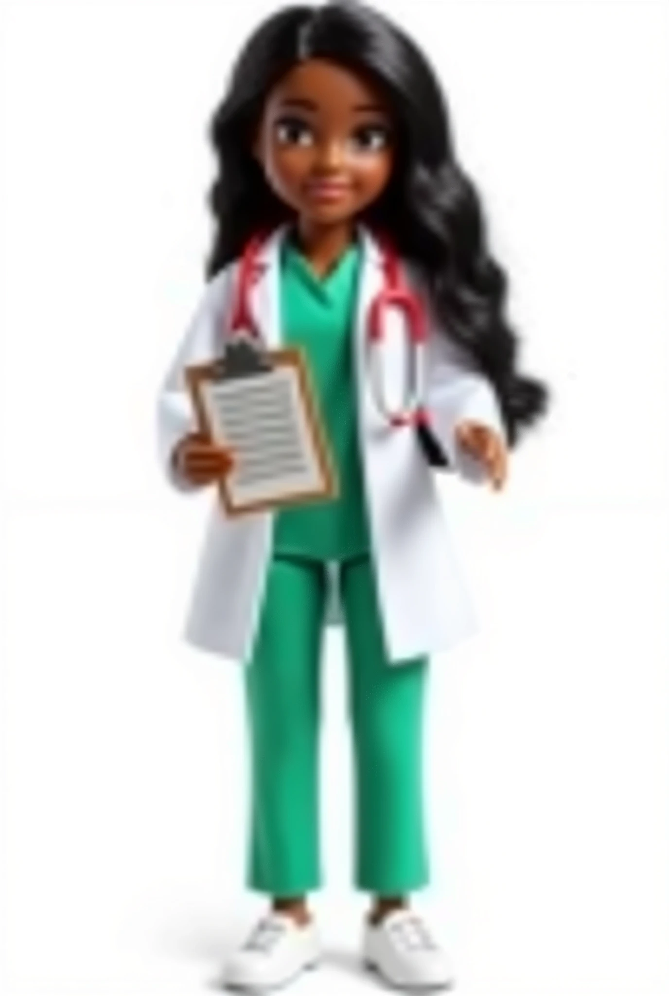 Create a black-skinned doll with straight black hair reaching her shoulders, black eyes, wearing green pants and shirt, a white coat with a red stethoscope around her neck, and a clipboard in her hand. She is wearing white shoes. High quality, transparent background.