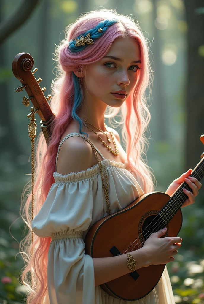 A very beautiful and young girl, Her hair is extremely pink and she has two blue streaks, Her skin is white and delicate and she has golden magical symbols on her shoulder and neck that are like tattoos, Her clothes are very elegant and chic, demonstrating wealth, She is the daughter of a fairy and carries with her her lute and two beautiful delicate swords. She is a bard and loves music., She is always with her mandolin in hand and her beautiful swords at her waist.
