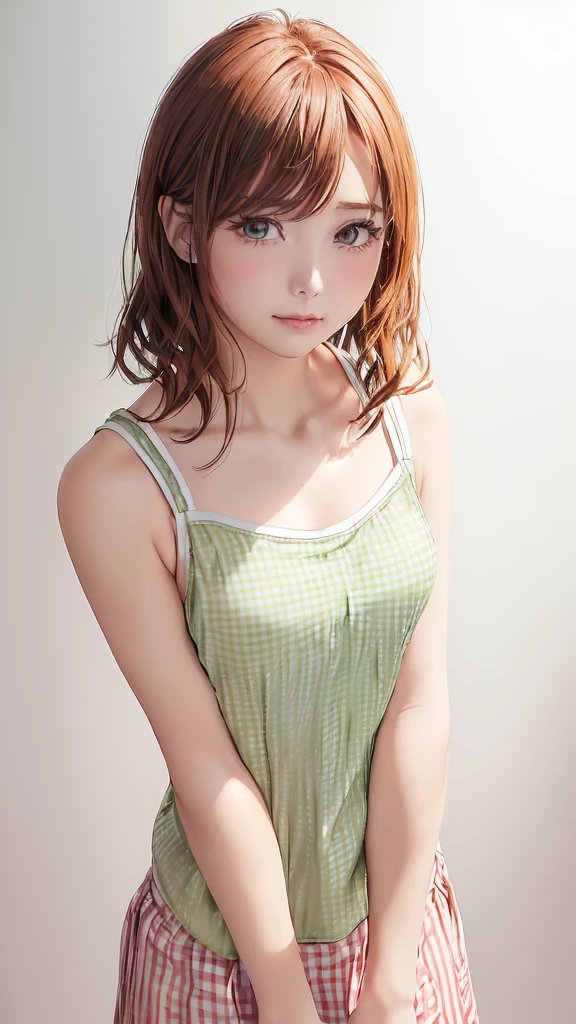 (((Cowboy Shot、Women's solo shots、Oil、Pure white wall background、masterpiece、Highest quality、High resolution)))、Redhead、Bob Hair、(((Wearing a green camisole)))、(((a gingham tank top)))、Fashionable hairstyles、Red cheeks、((No Shadow、Frame In))、Cute Face、((Small breasts))、((Has a sad expression))、((I am going to cry))、