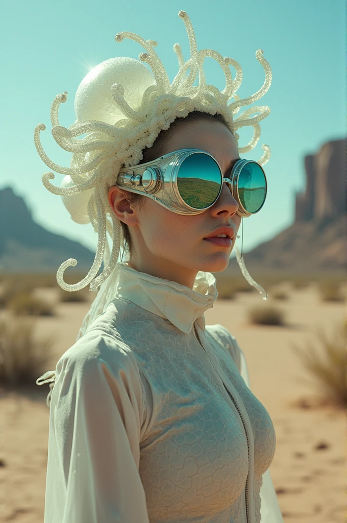 Ethereal Cyborg Woman, bioluminescent jellyfish tiara. Steampunk goggles merge with translucent tentacles. Cracked porcelain skin meets iridescent scales. Mechanical implants and delicate tendrils intertwine. Human characteristics with an otherworldly glow. Dreamy aquatic tones contrast with aged metal. Reflective eyes capture invisible worlds. Gentle bioluminescence meets a harsh desert landscape. Fusion of organic and synthetic, ancient and futuristic. Hyper-detailed textures, surreal atmosphere.