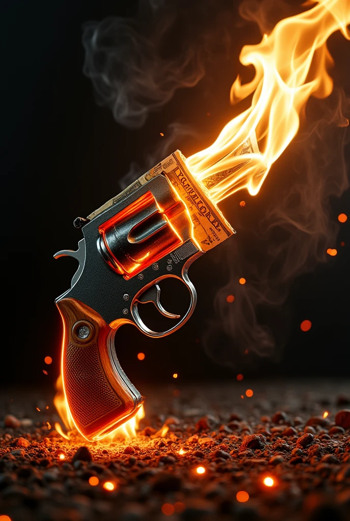 A revolver pistol burning a dollar