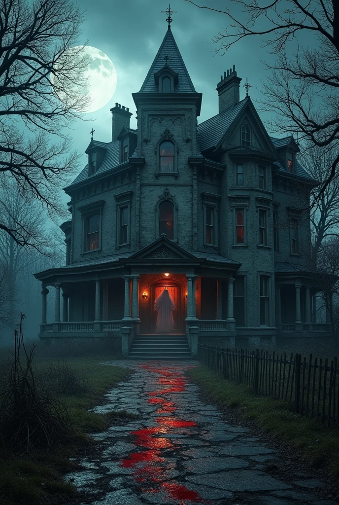 A haunted manor, sinister and terrifying, with ghosts and blood. 