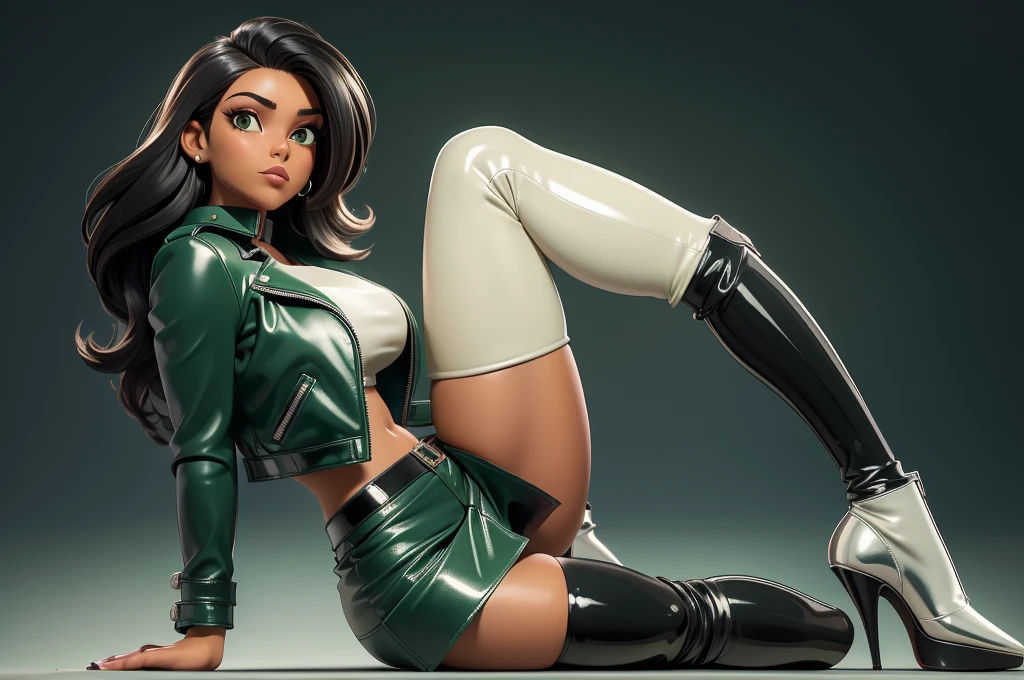 obra prima, melhor qualidade, ((only one woman,)) ((emily compagno, dark tan skin, straight black hair,)) erect cone tits, ((wearing shiny cream leather biker moto jacket,)) ((jacket has padded shoulders, jacket has stiff high collar,)) (((wearing shiny green leather miniskirt,))) wearing louboutin heels, (no boots,) body is very skinny, ((sitting back, legs spread,)) ((camera front view of body,)) shallow depth of field, highres, HD, 8k, anatomically correct