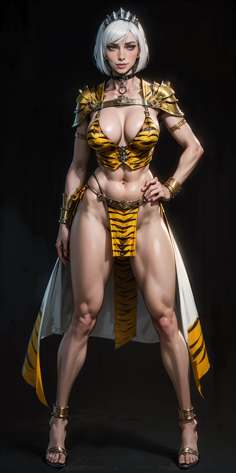 ((BLACK BACKGROUND 1:2, masterpiece)) 1solo female full body standing straight symmetrical with two long thighs and two metal sandals, red eyes like rubies, looking to the viewer, silver white hair, short bob style hair, big knockers breastplate, breastplate, cleavage, tiara royal, long cape up to two feet, yellow bikini (yellow tiger stripes), lustful smirking smiling, smile face (red blushed, red cheeks), pauldrons metal shoulders, gold sleeveless bracelets, separate sleeves, hands on waist hands OR hips, golden bracers, metal handcuffs, leather corset, red loincloth, black leather choker slave collar, shackles bracelets, slave red crest under navel, navel, big belt around waist OR hips, feet together, metal ankles