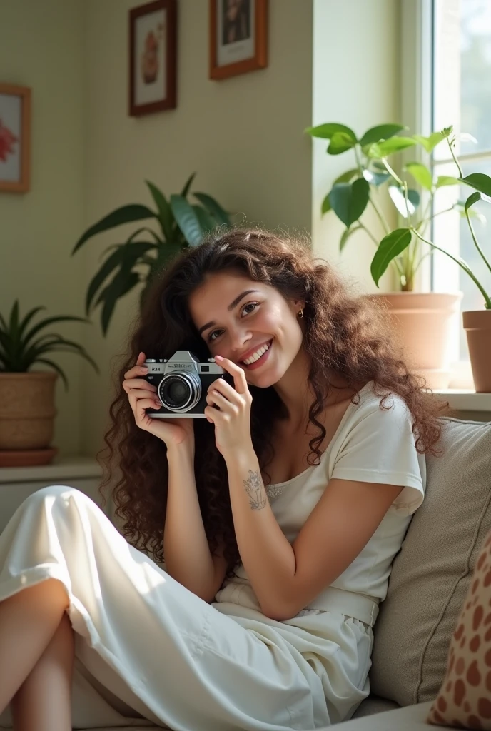 A brunette girl with curly hair and big breasts sits with her legs stretched out, taking a realistic photo