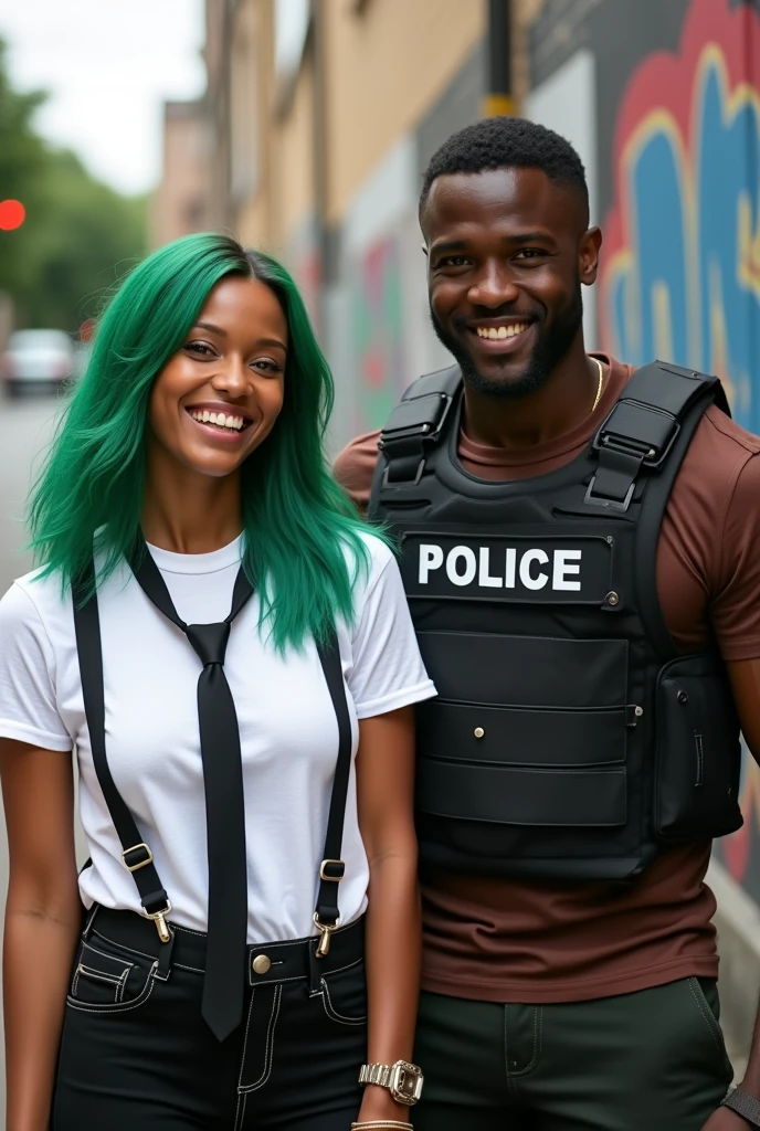 Mulatto woman with straight green hair, Grinning, with white t-shirt, suspenders and black tie. Ao lado um homem negro forte com colete a prova de bala Grinning