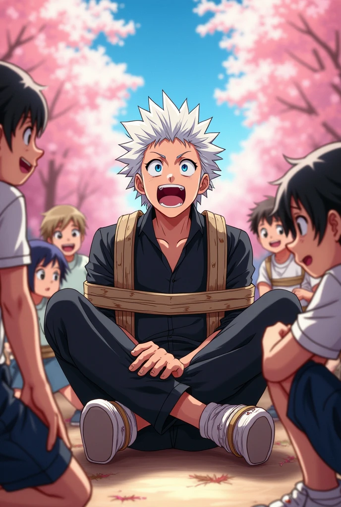 Toshiro Hitsugaya Laughing while his feet are locked in stocks and tickled by kids