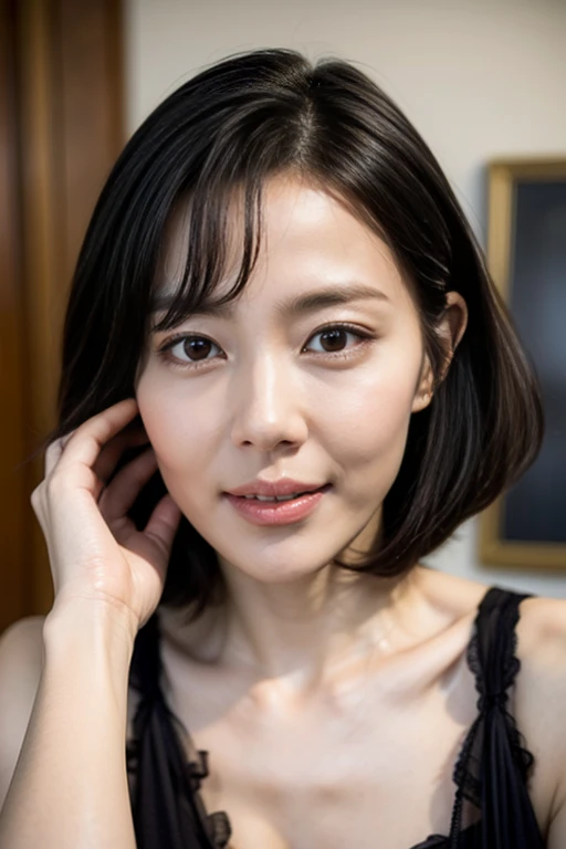 (8k、 RAW Photos、Highest quality、 High resolution:1.1)、 (超Realisticな:1.4)、(Realistic、 Realistic:1.3)、The Beauty of Japan、((Upper Body:1.3))、Grabbing dolls and bare skin、holding panties 、 (プレゼントとしてのDirty pantiesー)、(Detailed silk panties:1.1)、Focus Panties、(blush:1.3)、(Dirty panties:1.3)、With an embarrassed face、Bobcut、Cleavage、Covered nipples
