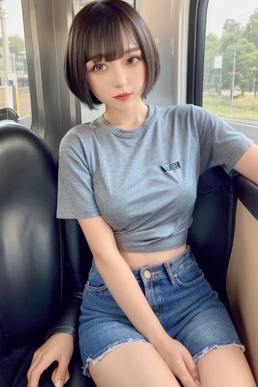 Short black hair,Fair skin,Brown Hair,sit in a train seat,Sit down and take a selfie,cute child,Tight T-shirt,Tight denim mini skirt with an extremely short length,Japanese,weak,Idol,Waistline,valley,Thighs,bangs,Large Breasts,Panties slightly visible,Small panties