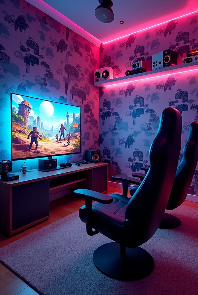 A gamer room with a big TV that has a cool wallpaper