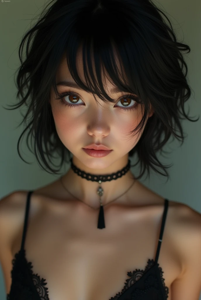 masterpiece,(best quality,top quality,8k),realistic,photorealistic,detailed eyes and face,young,18y,(1girl), brown eyes, black hair, messy hair, short hair, hair between eyes, goth, gothic, choker, (thick lips:1.2),soft smile, (micro bikini), pretty girl, beauty skin, ultra high res, raw photo , detailed body ,(puffy eyes) ,good contrast , high sharpness,(gorgeous),realistic,RAW Photography,(hyperdetailed:1.2)