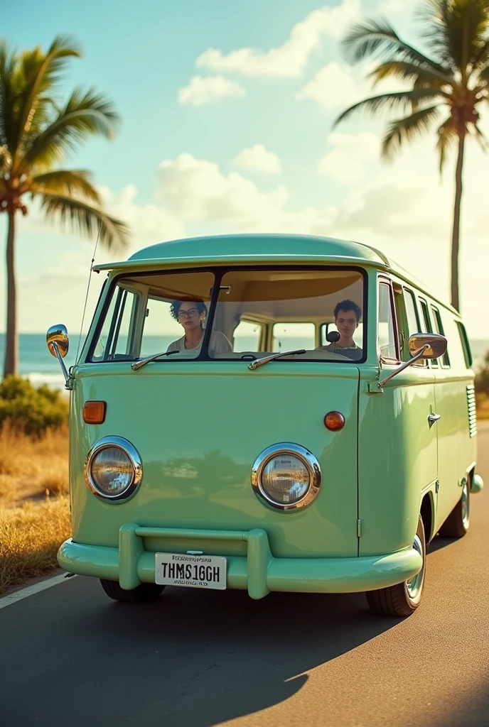 Modern Kombi with pastel green color that evokes nostalgia, launch 2025, front engine with a longer front, with cozy interior, leather seats