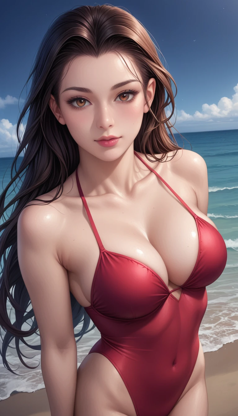 score_9, score_8_superior, score_7_superior, High-resolution CG illustration,A masterpiece in 32K resolution,Highest quality,it is really amazing,Very detailed,Ultra-high resolution,Ultra-realistic,Realistic,Increased depth of field,Cinematic lighting,
Sexy mature Japan woman,
Straight long hair with black hair,Showing his forehead,Ultra-detailed and beautiful face,Calm and gentle look,Beautiful brown eyes,Glossy, moisturized skin,Translucent white skin,Realistic skin texture,Great proportions,
Elegant red swimsuit,
Simple design,Chic color scheme based on red,Detailed fabric texture,
(Dark overcast sky on a dull night:1.1),(Dark clouds filling the sky:1.1),Thundercloud,Coastline at night,Stormy seas,delay々A desolate sandy beach that continues,
(Beautiful cleavage:1.1),(High angle:1.1),