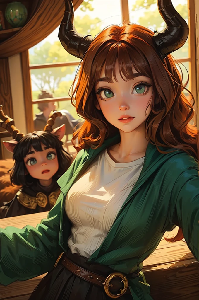 dungeons and dragons satyr.  light deer horns. curly ginger hair. dark green eyes. casual clothes.