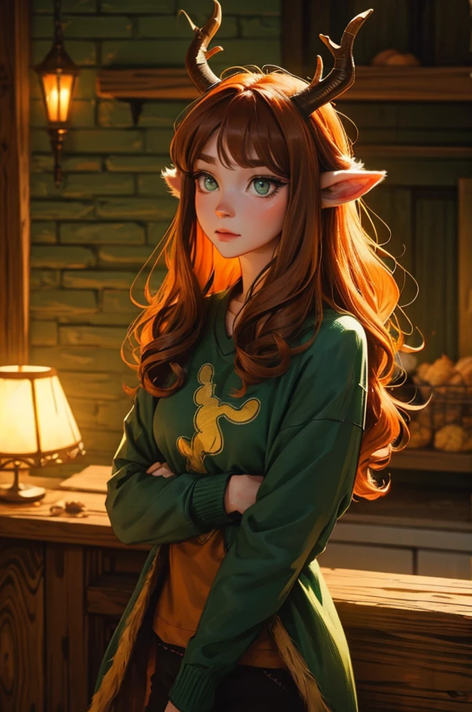 dungeons and dragons satyr.  light deer horns. curly ginger hair. dark green eyes. casual clothes.