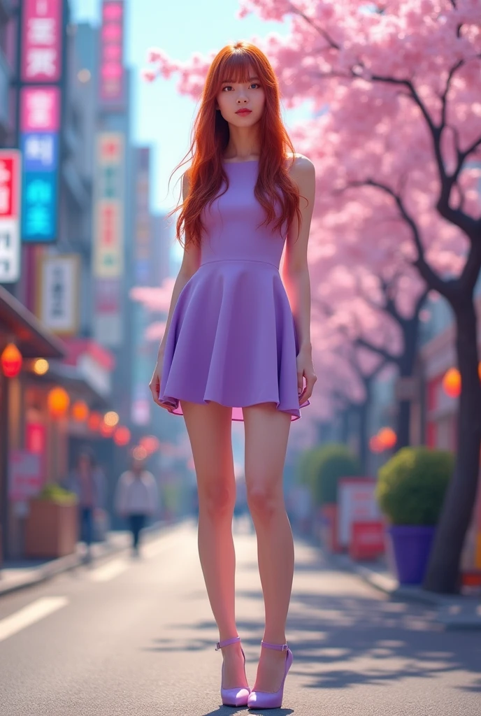A Japanese ager with a beautiful face and long red hair. Lilac dress and lilac heels, defined body.