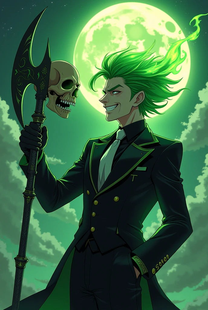a man with green flames, sporting a mischievous grin in place of his head (He doesn't have a head, His hair is like flames), Wearing a black suit with green details holding a halberd with a dark green blade with an eye and teeth with bright tips in light green, acid style and holding a skull in his left hand pointing the halberd at the skull with his right hand (style of anime/sleeved/manhwa)