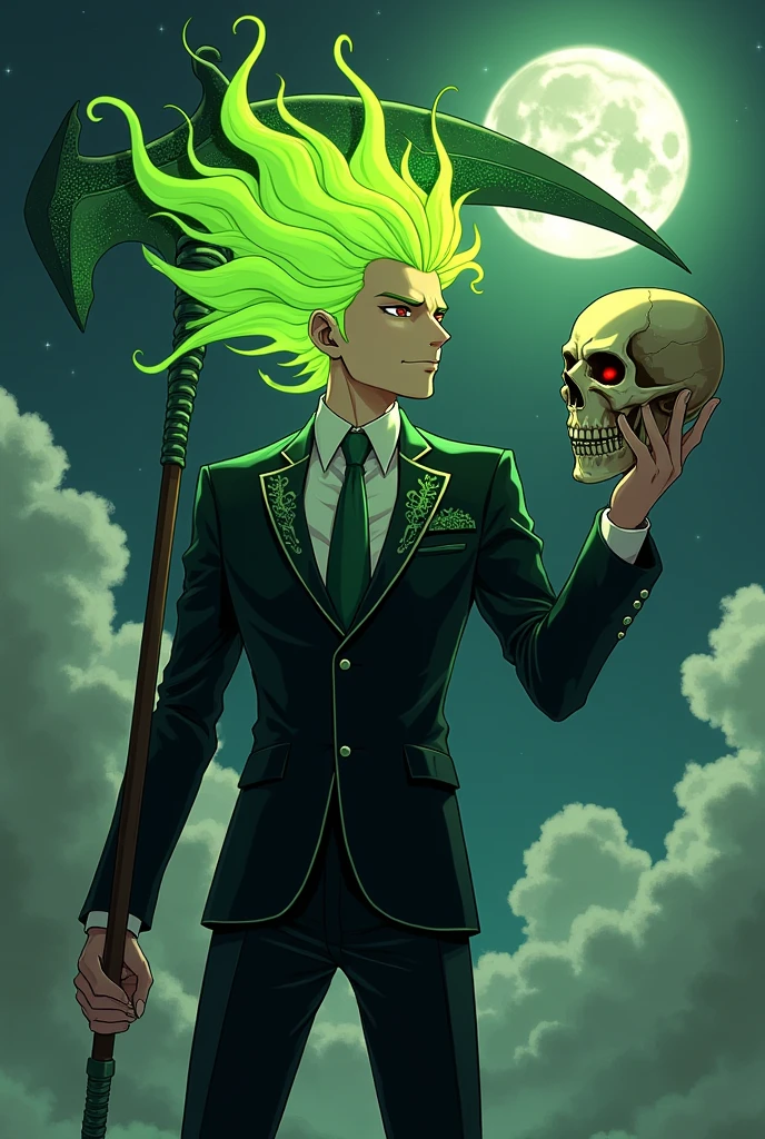 a man with green flames, sporting a mischievous grin in place of his head (He doesn't have a head, His hair is like flames), Wearing a black suit with green details holding a halberd with a dark green blade with an eye and teeth with bright tips in light green, acid style and holding a skull in his left hand pointing the halberd at the skull with his right hand (style of anime/sleeved/manhwa)