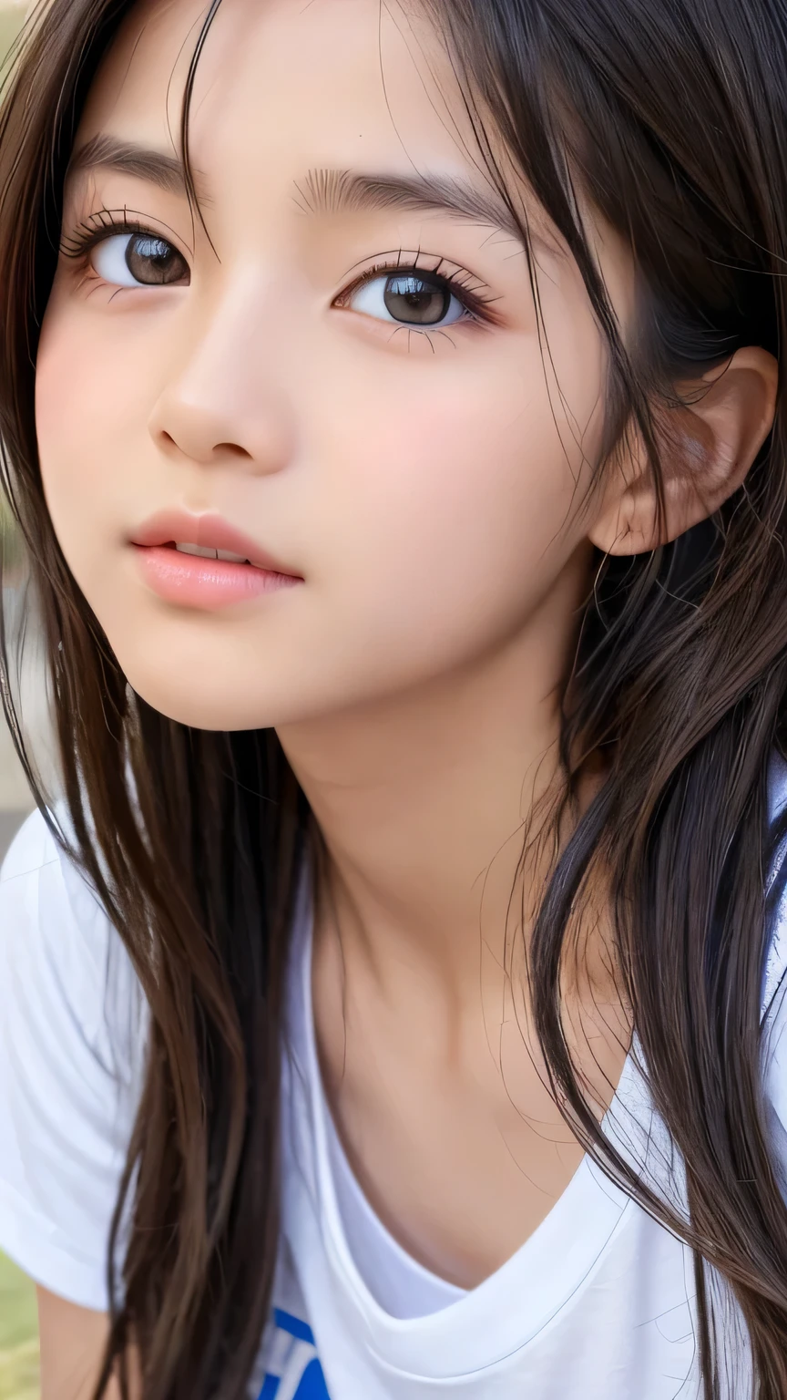 Highest quality、Realistic、、zoom、Primary school students、Girl、look up、cute、Light grey eyes、Black Hair、Long wavy hair、boyish、Tanned brown skin、Dark Skin、Light Blue T-Shirt、Eyes that see far、Face close-up、thin