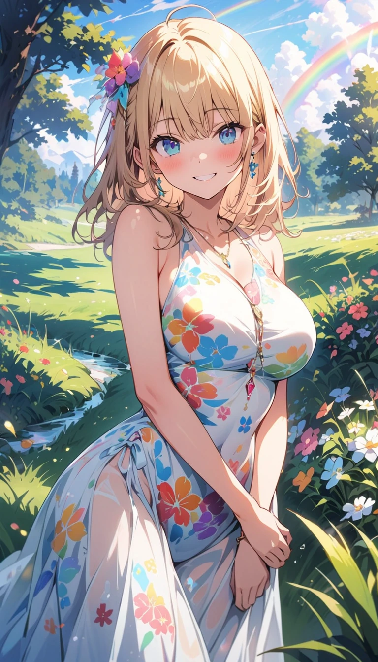 expensivequality illustration, masterpiece, Very delicate and beautiful, attractive,(Floral print dress,One-piece with glittering decorations,expensive_Rainbow gradient one-piece、Long skirt、slit),thin,Slender body,slim,high school student,Grassland Background,Princess, Beautiful Eyes、smile、blush,(masterpiece, Highest quality:1.2), expensiveres, Very detailed CG ユニティ 8k 壁紙, Perfect lighting, colorful, ultra-expensive res,4K,Very detailed, photograph, 8k, High resolution,、Vibrant 、Big Breasts、thigh、Thick pubic hair、Female organ