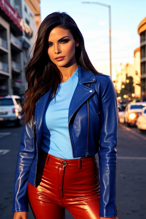 Best quality, realistic, from the front in first person, on the streets of Los Angeles, (a female mexican Supermodel), (sexy blue leather jacket:1.1), split, seductive smile, (dark hair), (hairstyle:1.0), Perfect eyes, sharp parts, detailed face, face-makeup, cheeks turn red, Eyeliner, eyeshadow, lip gloss, leather pants, boots, Supermodel, (Deep Focus), (hard lighting), (Night time), (realistic lighting:1.0)