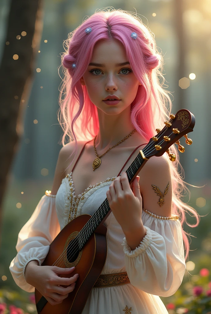 A very beautiful and young girl, Her hair is extremely pink and she has two blue streaks, Her skin is white and delicate and she has golden magical symbols on her shoulder and neck that are like tattoos, Her clothes are very elegant and chic, demonstrating wealth, She is the daughter of a fairy and carries with her her lute and two beautiful delicate swords. She is a bard and loves music., She's always with her mandolin in hand and her beautiful swords on her back.