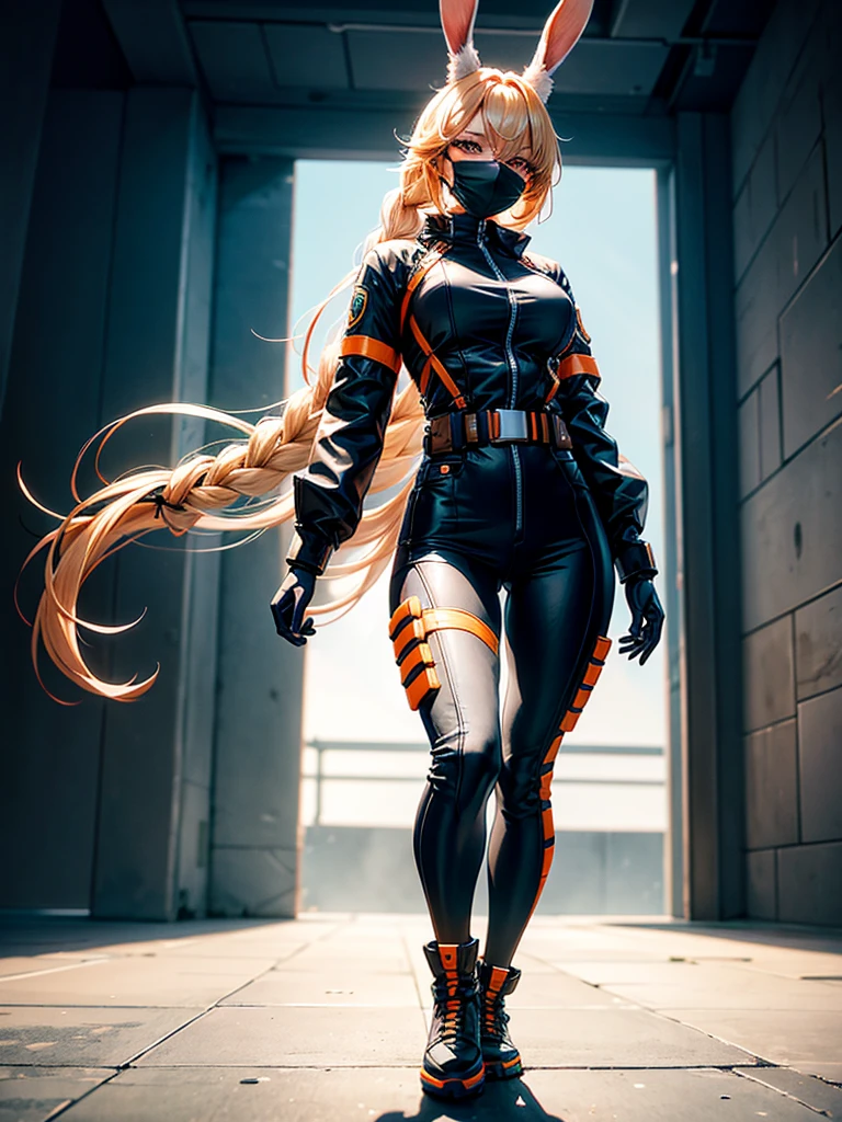 
"Create a female character in a futuristic environment, With a detailed appearance and striking style. She should be wearing a white mask with rabbit ears, Which gives her a mysterious and somewhat playful appearance. The mask should have subtle details that suggest a touch of technology or futuristic functionality.

The character's hair should be blonde, smooth ass, And be tied in a long braid that goes down her back. Dress her in a vibrant orange T-shirt, Slightly worn. Underneath the t-shirt, She should wear a long black sleeve that covers her arms.

The character should be wearing black pants with utility details, As extra bags, buckles, And orange belts with the word 'Boom' inscribed on them, Adding a military touch to her look. She should also wear black and yellow athletic boots with a robust and futuristic design, Complementing her outfit with practical and functional accessories.

The character's pose should be standing, com uma postura confiante, Suggesting readiness and determination. The background should be dark with soft lighting that highlights the colors of the costume and the details of the mask, While the environment around suggests a futuristic and slightly dystopian urban space, With highlights and shadows."
