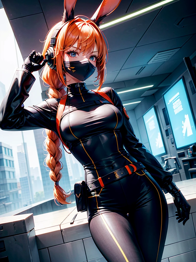 "Create a female character in a futuristic environment, With a detailed appearance and striking style. She should be wearing a white mask with rabbit ears, Which gives her a mysterious and somewhat playful appearance. The mask should have subtle details that suggest a touch of technology or futuristic functionality.
The character's hair should be blonde, smooth ass, And be tied in a long braid that goes down her back. Dress her in a vibrant orange T-shirt, Slightly worn. Underneath the t-shirt, She should wear a long black sleeve that covers her arms.
The character should be wearing black pants with utility details, As extra bags, buckles, And orange belts with the word 'Boom' inscribed on them, Adding a military touch to her look. She should also wear black and yellow athletic boots with a robust and futuristic design, Complementing her outfit with practical and functional accessories.
The character's pose should be standing, com uma postura confiante, Suggesting readiness and determination. The background should be dark with soft lighting that highlights the colors of the costume and the details of the mask, While the environment around suggests a futuristic and slightly dystopian urban space, With highlights and shadows."