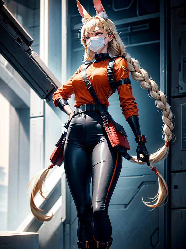 "Create a female character in a futuristic environment, With a detailed appearance and striking style. She should be wearing a white mask with rabbit ears, Which gives her a mysterious and somewhat playful appearance. The mask should have subtle details that suggest a touch of technology or futuristic functionality.
The character's hair should be blonde, smooth ass, And be tied in a long braid that goes down her back. Dress her in a vibrant orange T-shirt, Slightly worn. Underneath the t-shirt, She should wear a long black sleeve that covers her arms.
The character should be wearing black pants with utility details, As extra bags, buckles, And orange belts with the word 'Boom' inscribed on them, Adding a military touch to her look. She should also wear black and yellow athletic boots with a robust and futuristic design, Complementing her outfit with practical and functional accessories.
The character's pose should be standing, com uma postura confiante, Suggesting readiness and determination. The background should be dark with soft lighting that highlights the colors of the costume and the details of the mask, While the environment around suggests a futuristic and slightly dystopian urban space, With highlights and shadows."