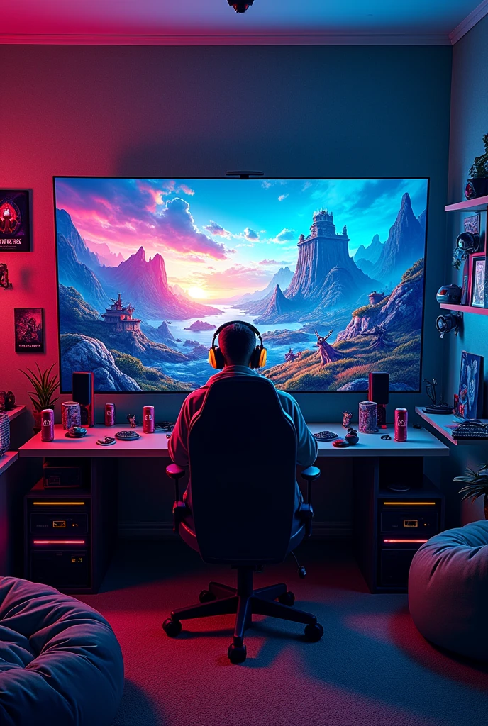 A gamer room with a big TV that has a cool wallpaper