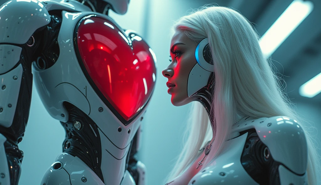 A beautiful, long-haired white cyborg woman and a handsome, short-haired white cyborg man stand together in a laboratory, looking at a love machine with a giant chained heart.