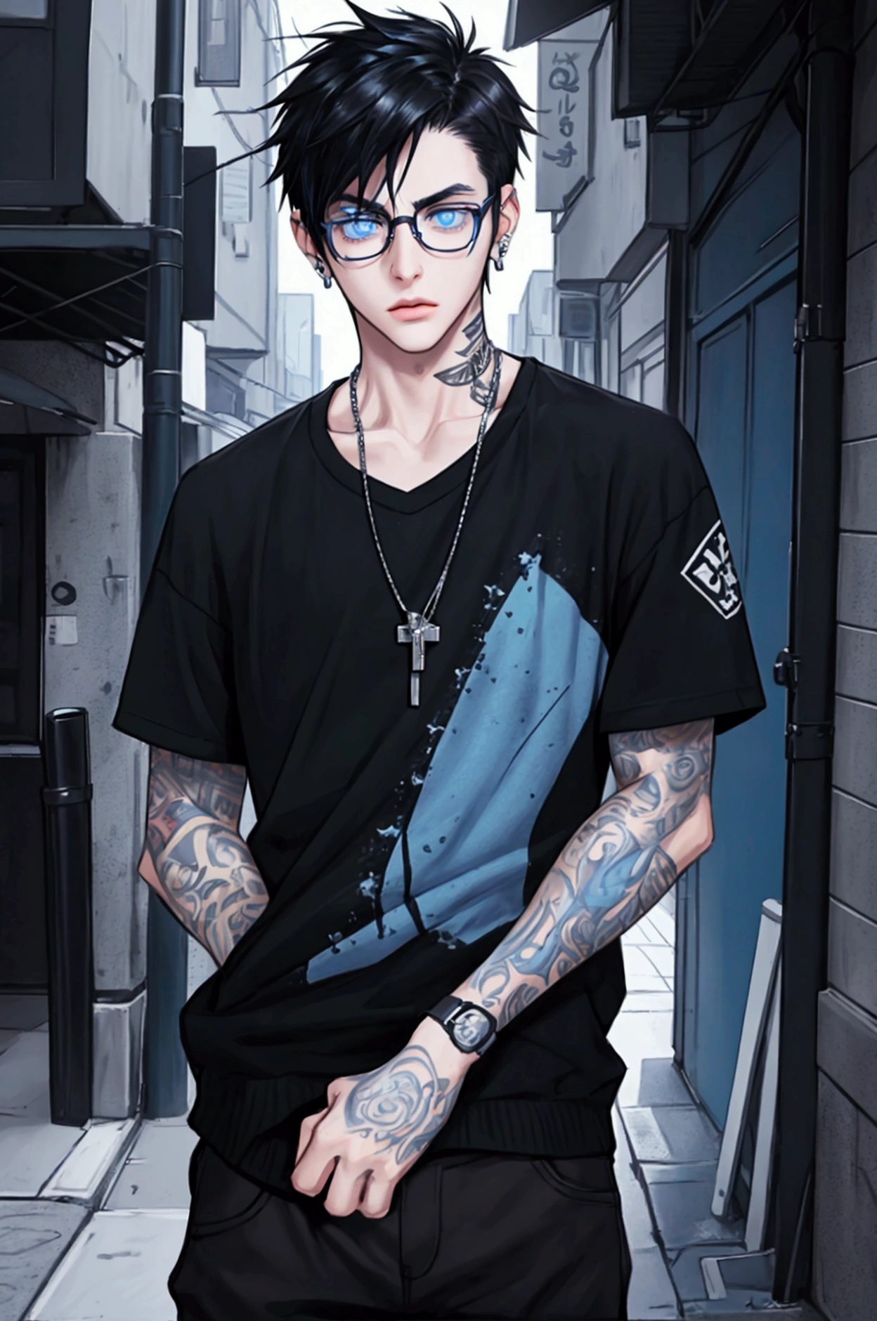 Cute nerd emo boy with medium straight black hair, an emo cut, he wears nerdy glasses, his skin is pale and he has an eyebrow piercing and a lip piercing, he has cute blue eyes and wears emo clothes