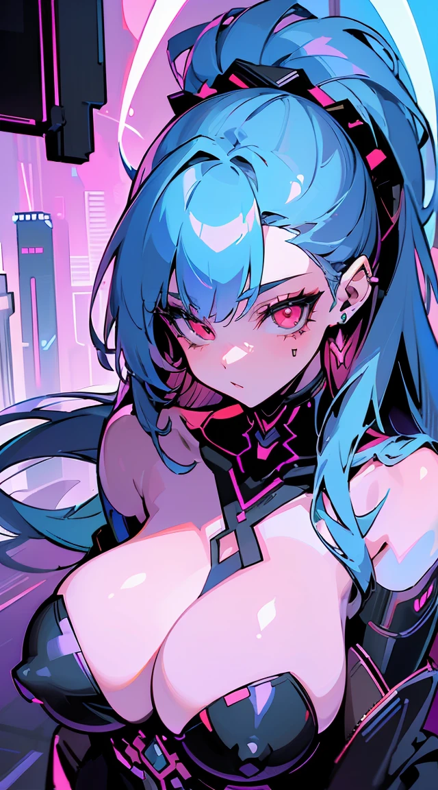 (best quality,4k,8k,highres,masterpiece:1.2), ultra-detailed, anime style, half body view , devil red eyes, gorgeous woman, cyberpunk background, futuristic, neon lights, smoky atmosphere, reflective surfaces, glowing tattoos, metallic elements, extravagant hairstyle, provocative fashion, seductive gaze, vibrant colors, dynamic pose, cityscape, urban chaos, technologically advanced, augmented reality, holographic projections, dystopian ambiance, skyscrapers, flying vehicles, rain-soaked streets, dark alleyways, bustling crowds, energetic and vibrant, mysterious aura, topless, pink puffy nipples, naked chest, gigantic tits, very huge naked breasts 
