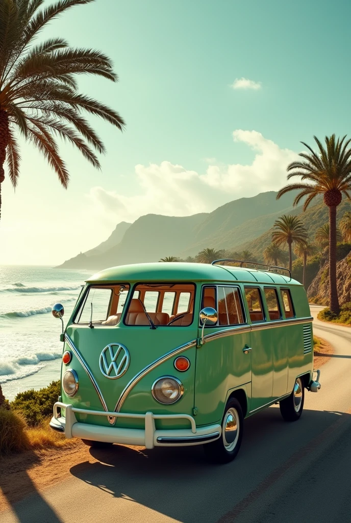 Modern Kombi with pastel green color that evokes nostalgia, launch 2025, front engine with a longer front, with cozy interior, leather seats 