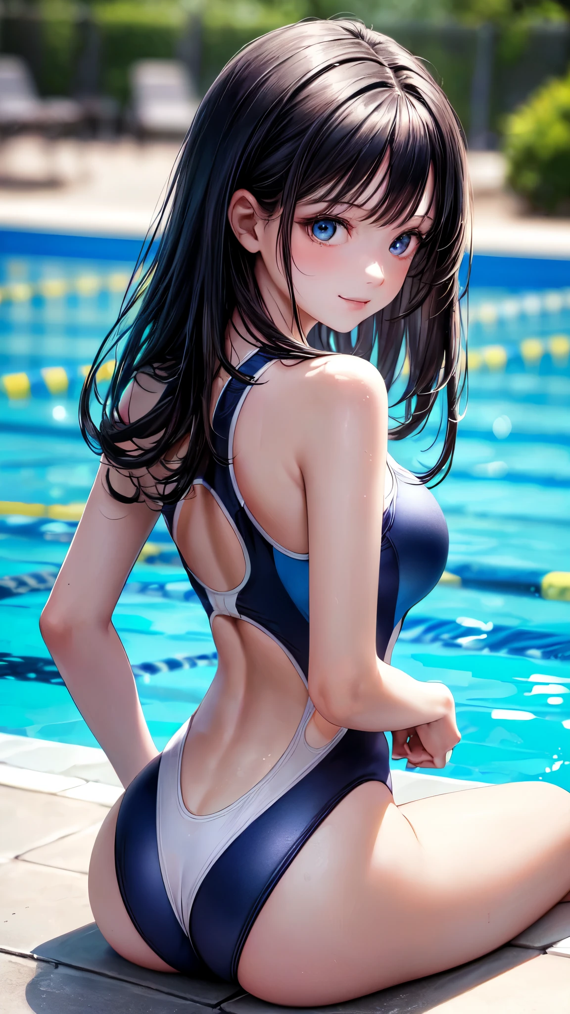 ((masterpiece,best quality,ultra detailed,high resolution)),(daytime,clear weather,bloom),looking back,((solo)),(beautiful-woman),(black hair,straight hair,long hair),(beautiful detailed face,beautiful detailed eyes,fair skin),light smile,(competition swimsuit,navy swimsuit),on the pool,sitting,from behind,