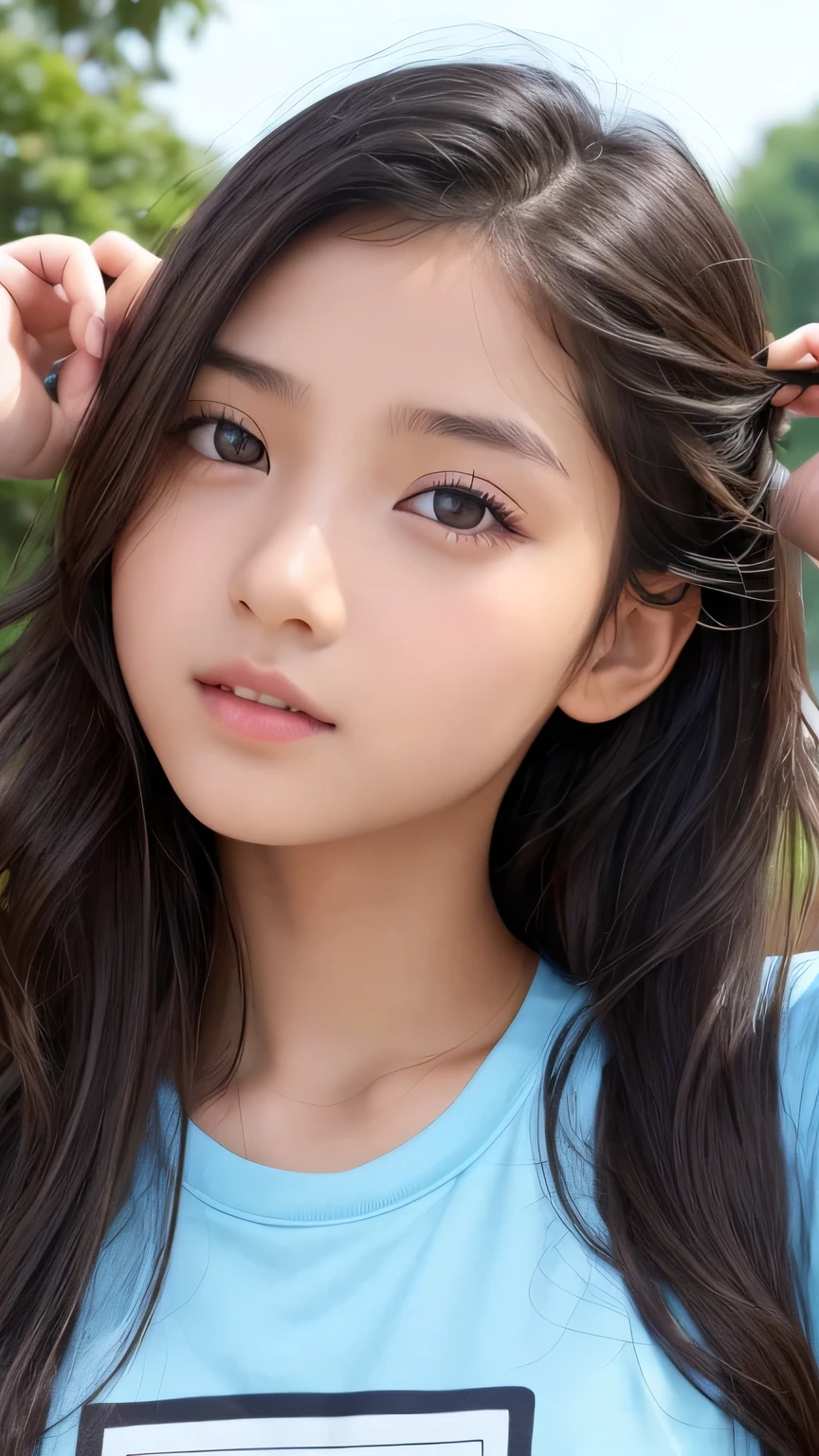 Highest quality、Realistic、、zoom、、Girl、look up、cute、Light grey eyes、Black Hair、Long wavy hair、boyish、Tanned brown skin、Dark Skin、Light Blue T-Shirt、Eyes that see far、Face close-up、thin