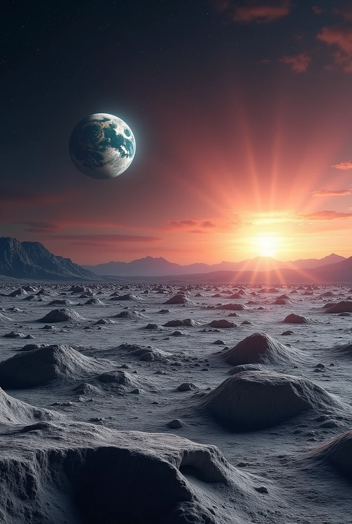 Seen :sunrise on the earth from the surface of the moon.remove the man.
