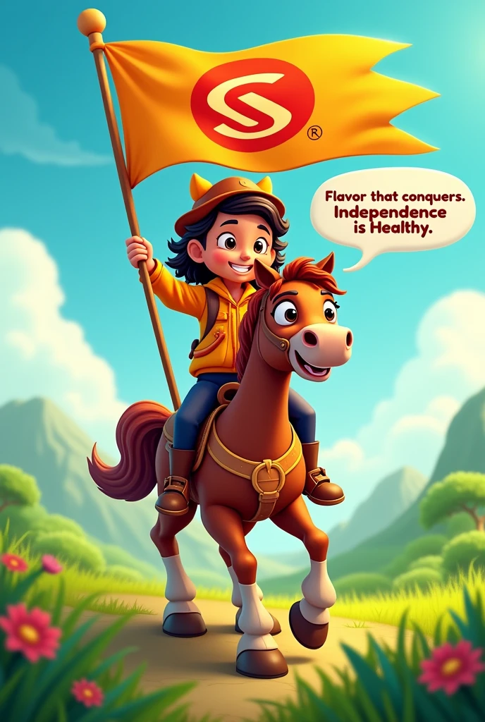 Create the Lek Trek mascot of Sadia on top of a horse, with a flag with the brand's S, and a speech bubble "flavor that conquers. Independence is Healthy". I want the mascot to be identical to the brand. No changes