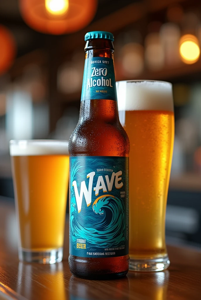 Create an image for a beer bottle label with the writing zero alcohol, in the spotlight, Wave Beer brand
