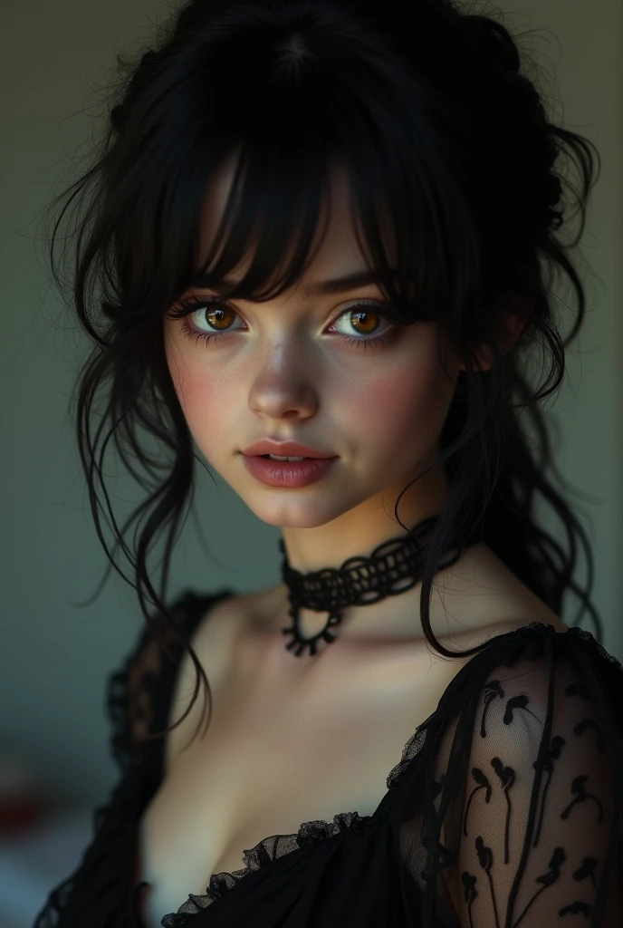 masterpiece,(best quality,top quality,8k),realistic,photorealistic,detailed eyes and face,young,(1girl), brown eyes, black hair, messy hair, short hair, hair between eyes, goth, gothic, choker, (thick lips:1.2),soft smile, (nude:1.2), pretty girl, beauty skin, ultra high res, raw photo , detailed body ,(puffy eyes) ,good contrast , high sharpness,(gorgeous),realistic,RAW Photography,(hyperdetailed:1.2),bed
